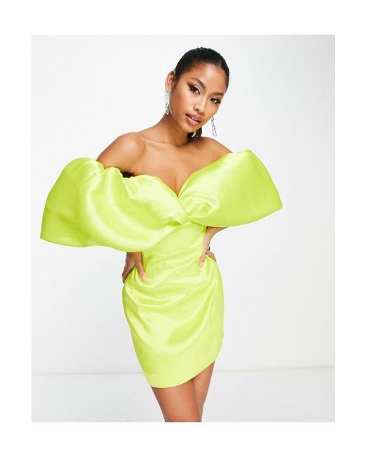 ASOS Yellow Satin Twill Off Shoulder Mini Dress With Twist Bust Detail