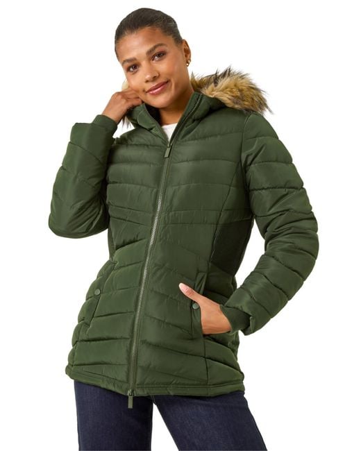 Roman Green Faux Fur Hooded Quilt Coat
