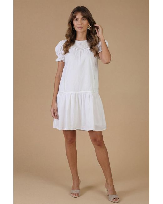 Oasis Brown Broderie Lace Trim Detail Puff Sleeve Mini Dress
