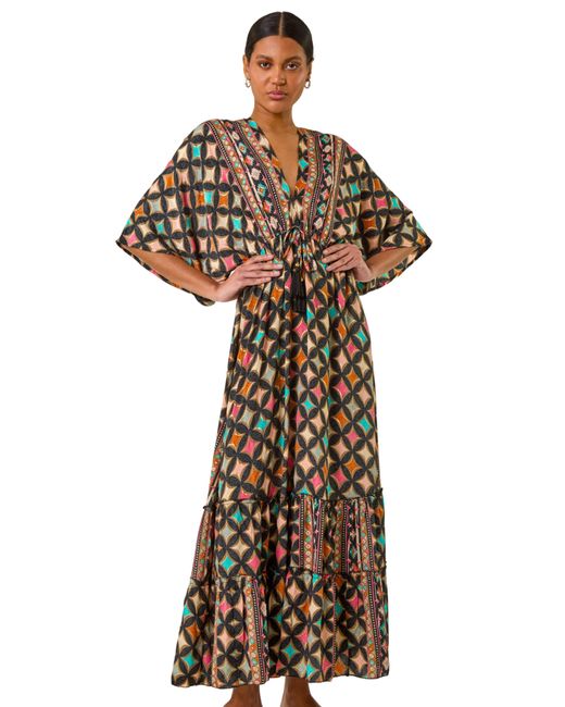 Roman Black Geo Print V-Neck Frill Maxi Dress