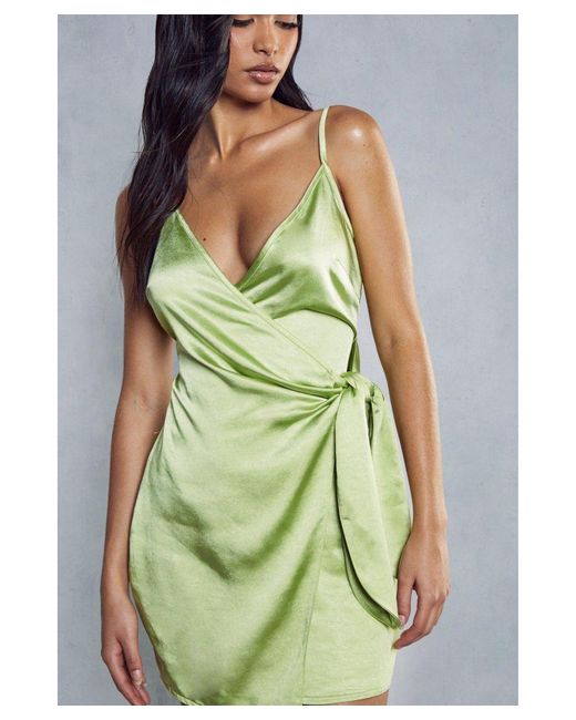 MissPap Green Premium Textured Satin Wrap Mini Dress