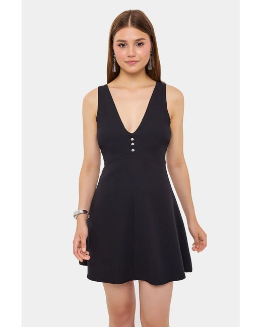Hiccup Blue Cotton V-Neck Cut-Out Buttoned Detail Mini Dress