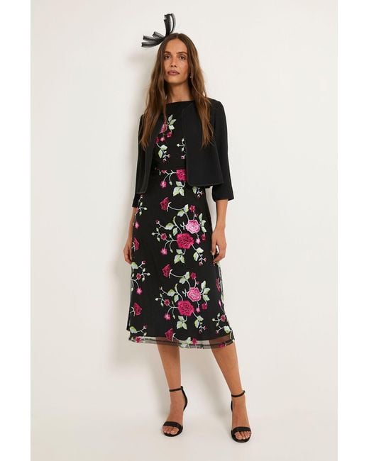 Wallis Black Floral Embroidered Mesh Fit & Flare Midi Dress