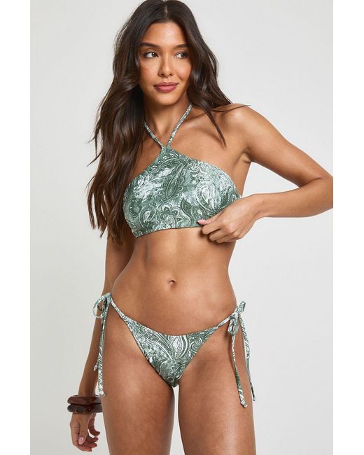 Boohoo Green Paisley Print Halter Bikini Top And Tie Side Bottom Set