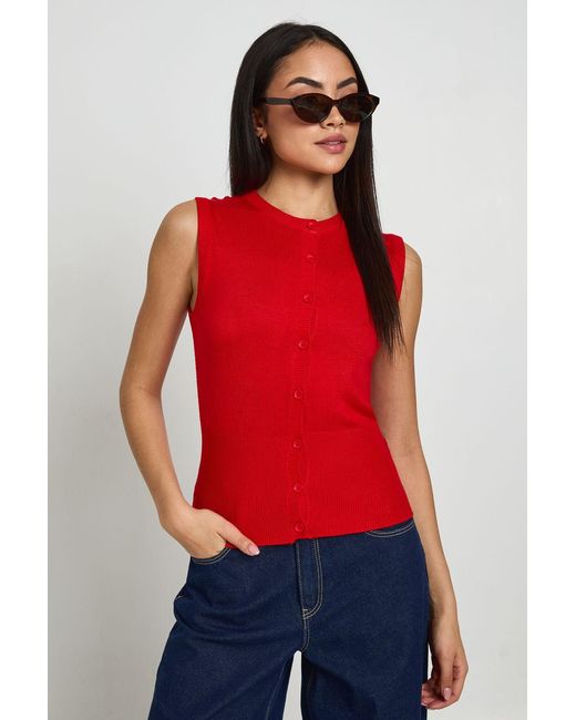 Boohoo Red Rib Knitted Button Through Cinched Hem Top