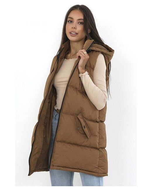 Brave Soul Brown 'cello' Longline Hooded Puffer Gilet