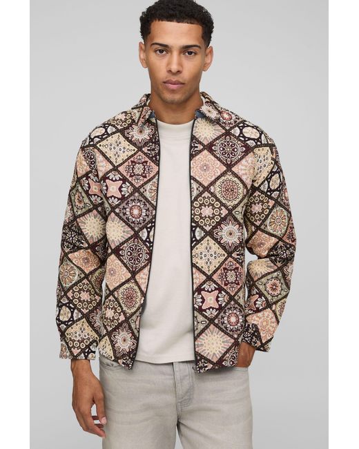 BoohooMAN Brown Long Sleeve Zip Through Diamond Tapestry Shirt Jacket for men