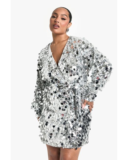 Boohoo White Plus Sequin Wrap Dress