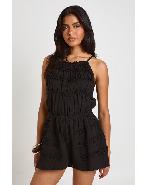 Boohoo Black Textured Shirred Detail Playsuit