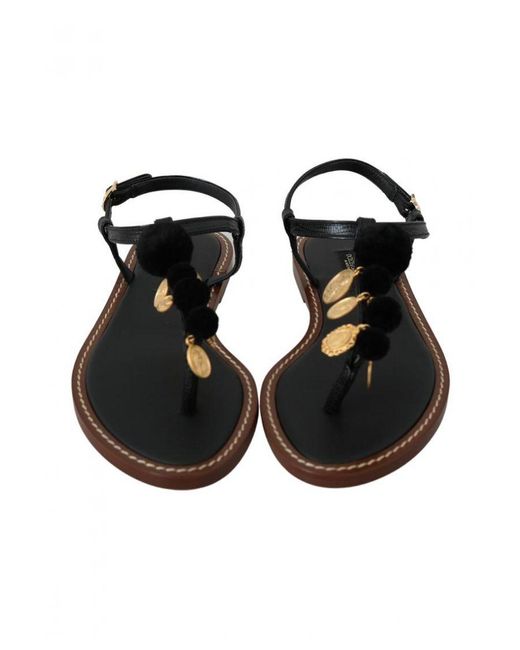Dolce & Gabbana Black Leather Coins Flip Flops Sandals Shoes
