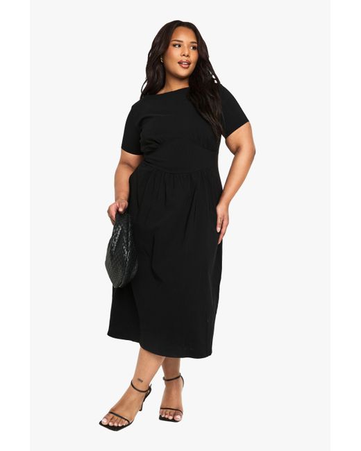 Boohoo Black Plus Bengaline Rouched Midi Skater Dress