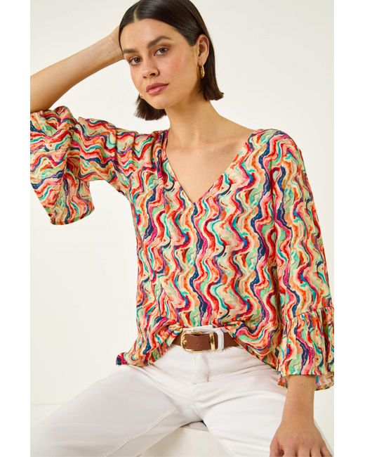 Roman Orange Abstract Wave Print Flared Sleeve Top