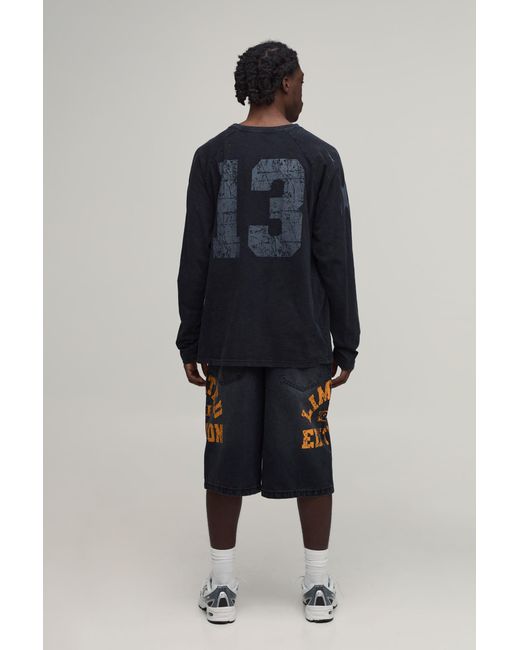 BoohooMAN Black Longline Varsity Print Denim Jorts for men