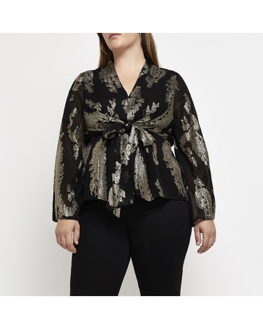 River Island Black Blouse Plus Glitter Tie Front