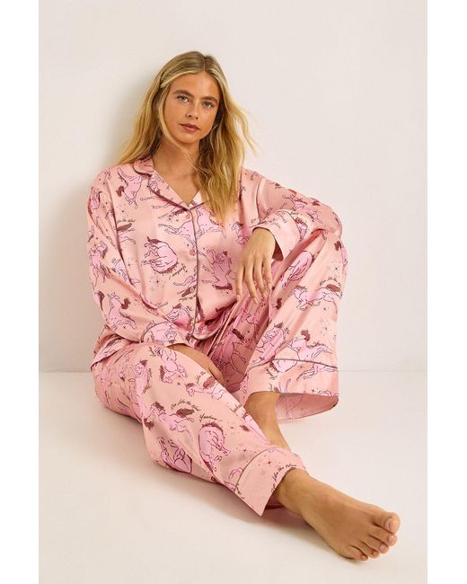 Nasty Gal Pink Satin Horse Western Print Contrast Piped Pajama Pants Set