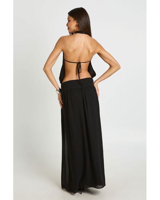Boohoo Black Chiffon Ruched Drop Waist Halter Neck Maxi Dress