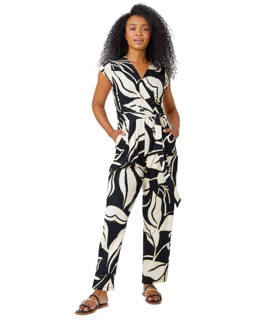 Roman Black Petite Leaf Print Stretch Jumpsuit