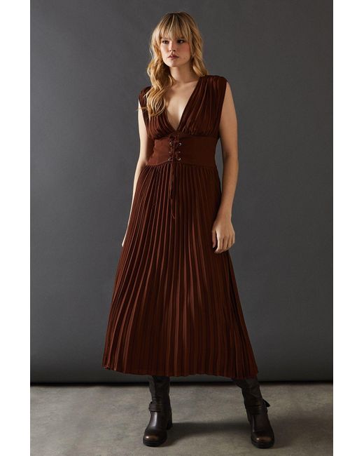 Warehouse Brown Chiffon Pleated Plunge Neck Lattice Front Midi Dress