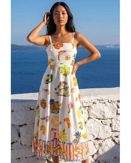 Roman Blue Petite Fruit Print Strappy Midi Dress