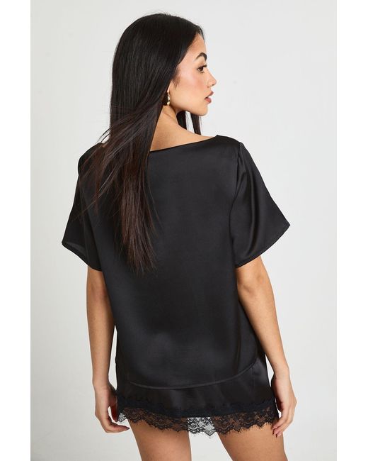 Boohoo Black Satin Oversized T-Shirt And Lace Mini Skirt Co-Ord