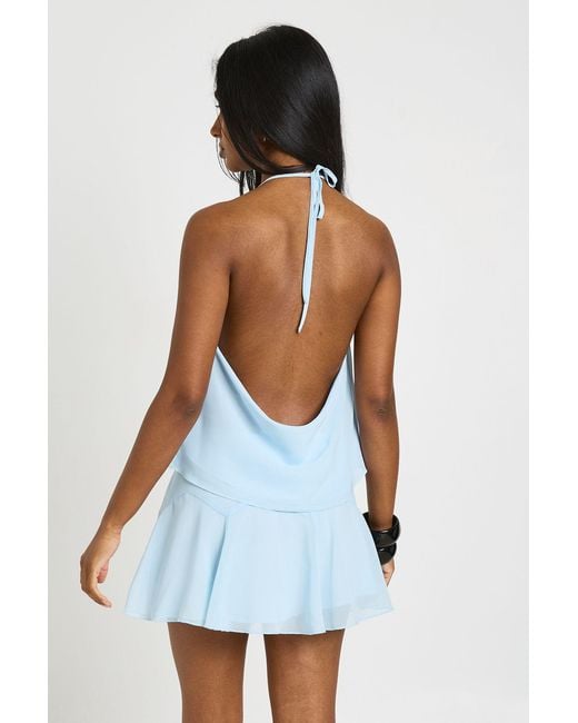 Boohoo Blue Chiffon Halter Cowl Drape Top