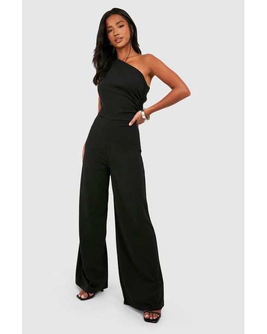 Boohoo Black Petite Ruched Asymmetric Neck Jumpsuit
