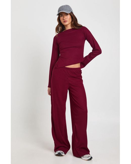 Boohoo Red Rib Cinched Waist Long Sleeve Wide Leg Co Ord