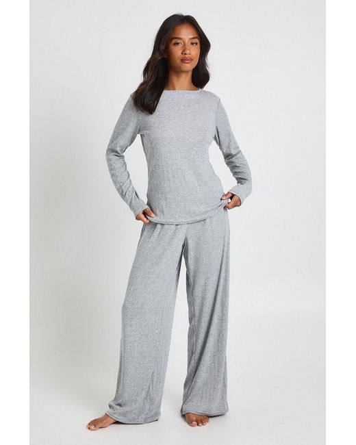 Boohoo Gray Petite Pointelle Long Sleeve Top And Wide Leg Trouser Pyjama Set