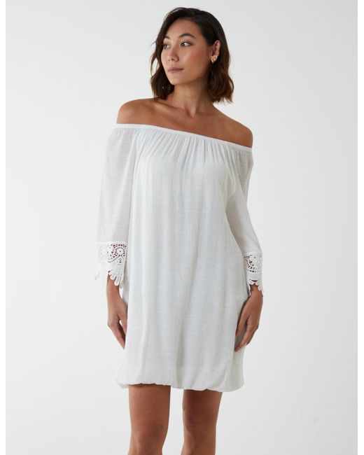 Blue Vanilla White Bardot Tunic Dress With Crochet Lace Sleeves