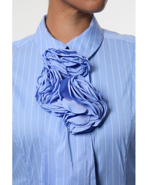 Karen Millen Blue Plus Size Stripe Cotton Rosette Woven Shirt Maxi Dress