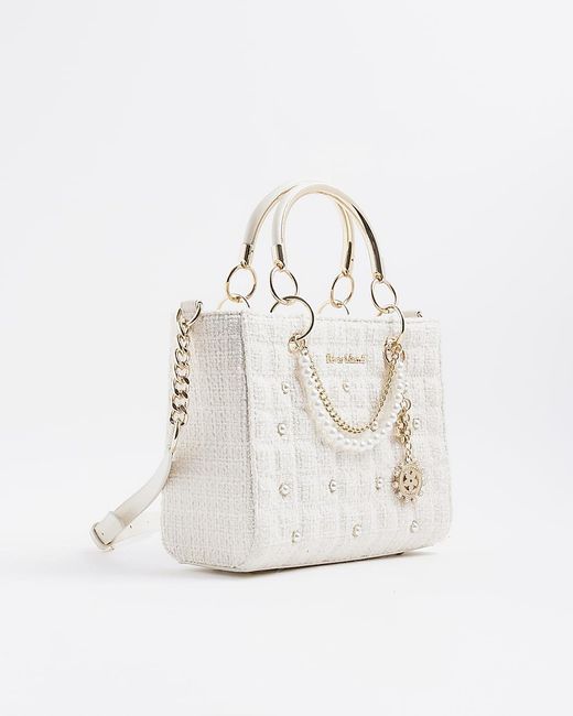 River Island White Tote Bag Boucle Quilted Charm