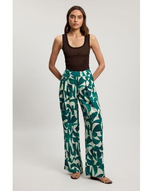 Karen Millen Green Petite Linen Geo Print Pleat And Pocket Detail Woven Straight Leg Trouser