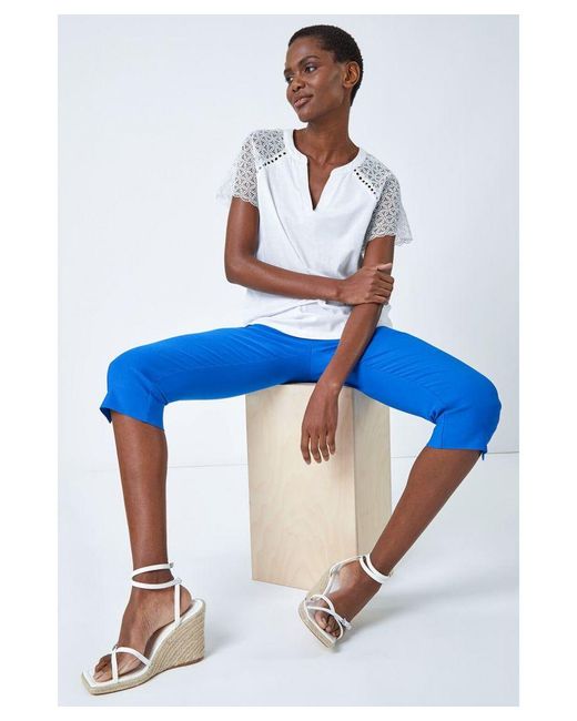 Roman Blue Gingham Elastic Waist Stretch Cropped Trouser