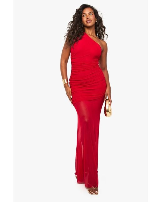 Boohoo Red One Shoulder Ruched Mesh Maxi Dress