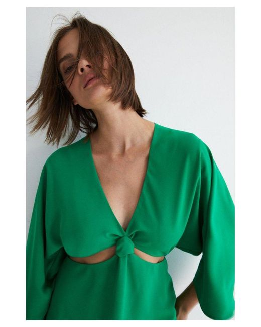 Warehouse Green Crepe Knot Cut Out Midi Dress
