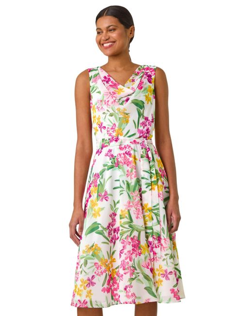 Roman White Floral Print Cowl Neck Dress