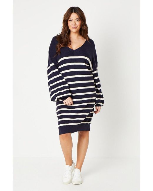 Wallis Blue Curve Stripe Stitch Detail Longline V Neck Dress