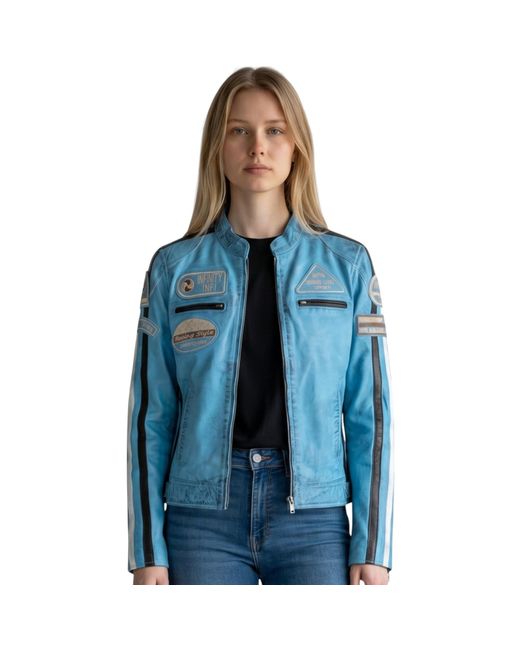 Infinity Leather Blue Biker Racing Badges Jacket-Incheon
