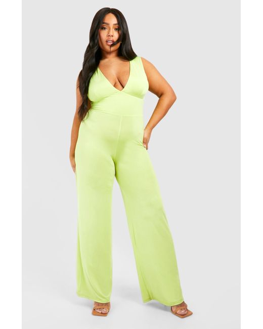Boohoo Yellow Plus Slinky Plunge Wide Leg Jumpsuit