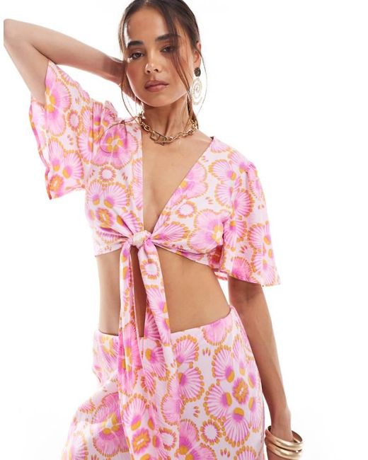Y.A.S Pink Cropped Tie Front Top Co-Ord