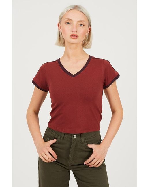Brave Soul Red Stripe V-Neck T-Shirt
