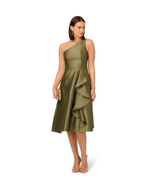 Adrianna Papell Green Studio One Shoulder Mikado Midi Dress