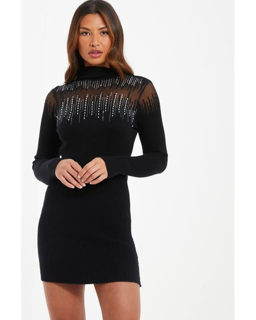 Quiz Diamante High Neck Jumper Dress Material_Viscose in Black | Lyst UK