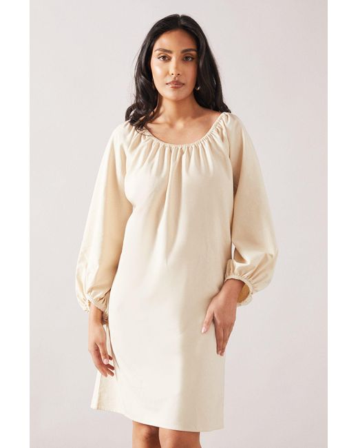 Wallis Natural Petite Linen Elastic Neck Shift Dress With Frill Sleeve