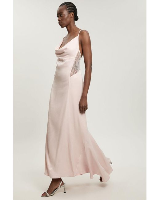 Karen Millen Natural Lace Insert Satin Viscose Bias Cut Maxi Dress