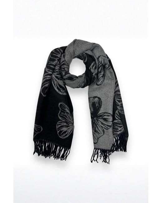 SVNX Black Butterfly Printed Cashmere Scarf With Tassels