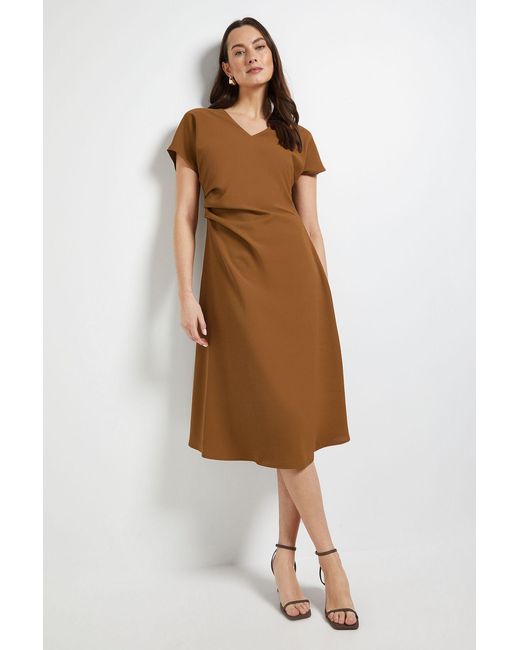 PRINCIPLES Brown Pleated Waist V Neck Midi Dress