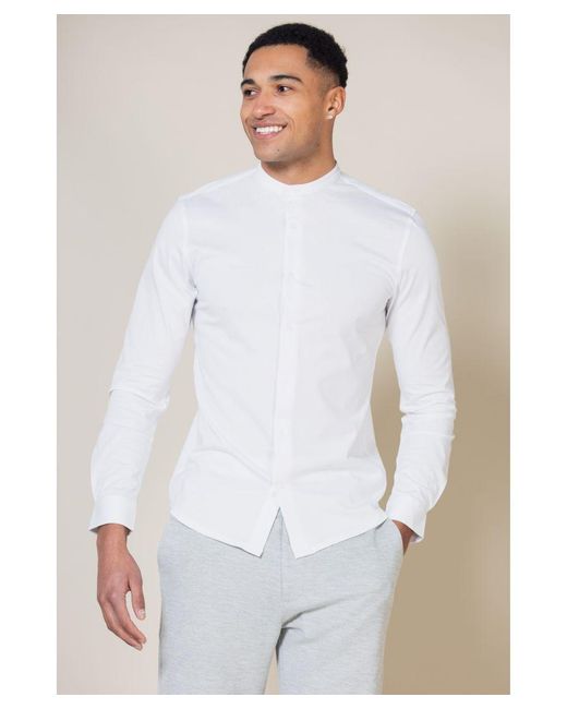 Nines White Linen Blend Long Sleeve Button-Up Shirt With Grandad Collar for men