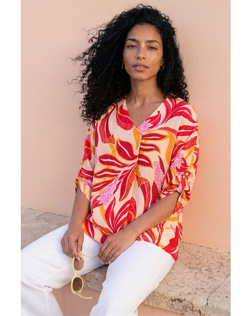 Roman Red Leaf Print V-Neck Pleat Front Top