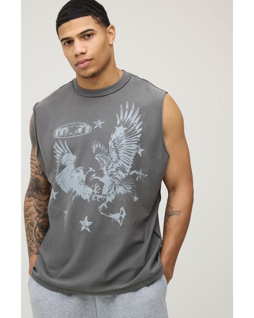 BoohooMAN Gray Oversized Boxy Exposed Seam Eagle Print Tank Cotton for men